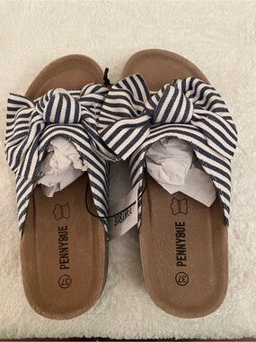 Penny & Sue Navy Stripe Bow Slide Sandals - Navy/White